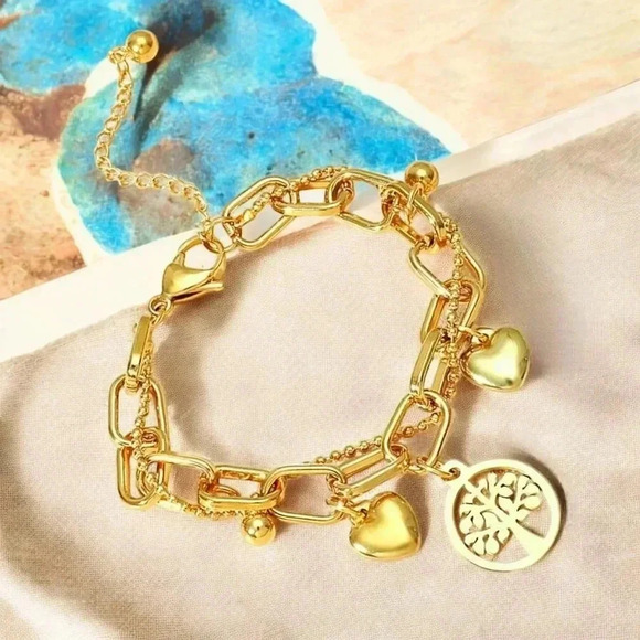 🆕️18K Gold Plated Stainless Steel Tree of Life Charm Bracelet w Hearts & Beads - Picture 10 of 10